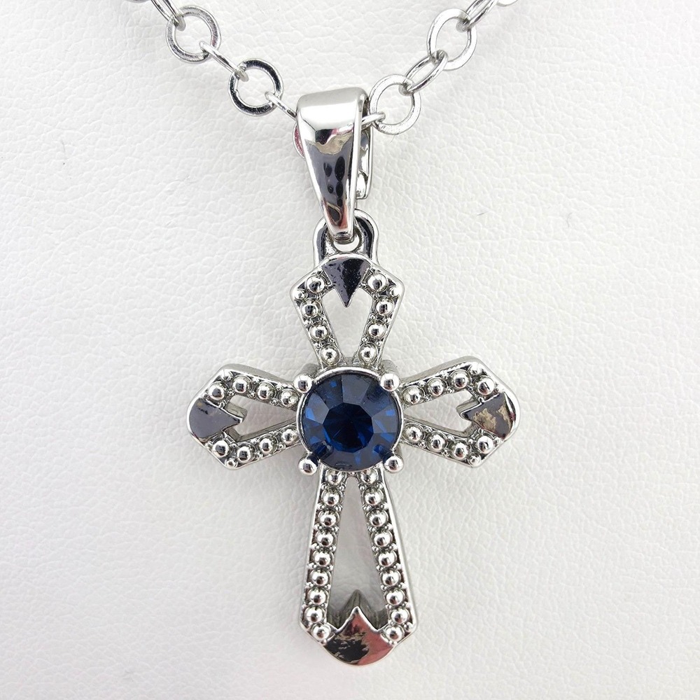 Vtg NICE & BELLA Cross Necklace Blue Crystal Open 18K White Gold Bonded 19"